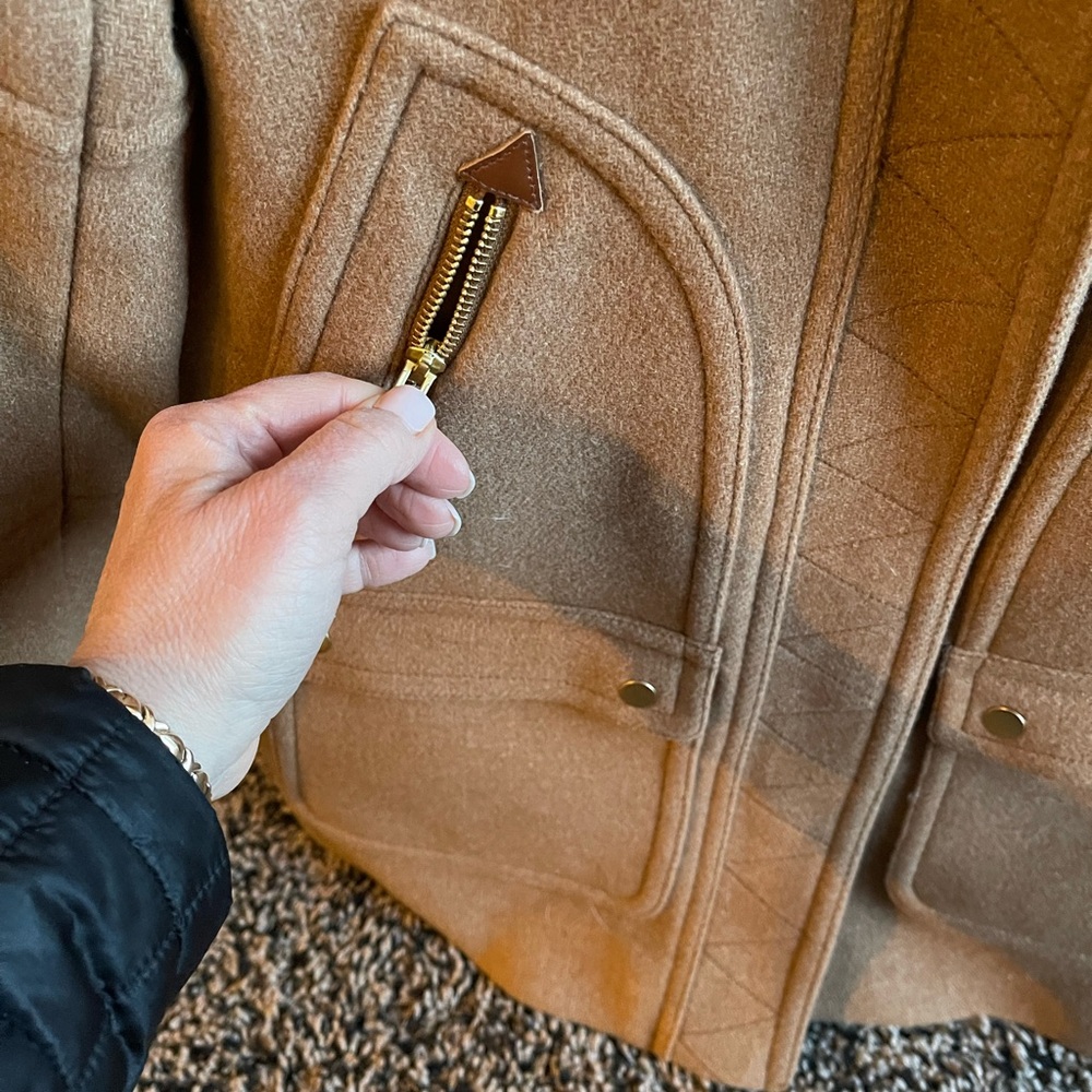 Italian Wool Camel Coat with Hood, Removable Trim - Picture 6 of 8